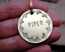 Load image into Gallery viewer, Medium dog id tag, hand stamped with border