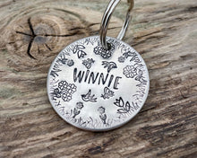 Load image into Gallery viewer, Dog tag, hand stamped with flowers, bees & birds