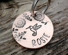 Load image into Gallery viewer, Small pet id tag, hand stamped with flower design & hummingbird