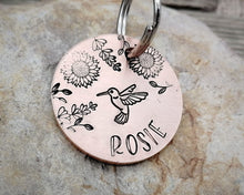 Load image into Gallery viewer, Small pet id tag, hand stamped with flower design & hummingbird