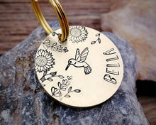 Load image into Gallery viewer, Small pet id tag, hand stamped with flower design & hummingbird