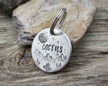 Load image into Gallery viewer, Dog id tag, hand stamped with mountains, cactus & moon