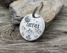 Load image into Gallery viewer, Dog id tag, hand stamped with mountains, cactus & moon
