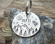Load image into Gallery viewer, Large dog id tag, hand stamped with mountains, moon & spaceship