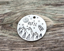 Load image into Gallery viewer, Large dog id tag, hand stamped with mountains, moon & spaceship