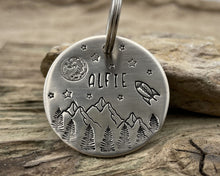 Load image into Gallery viewer, Large dog id tag, hand stamped with mountains, moon & spaceship
