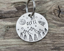 Load image into Gallery viewer, Large dog id tag, hand stamped with mountains, moon & spaceship
