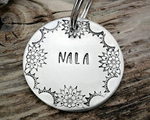 Load image into Gallery viewer, Large dog id tag, hand stamped with mandala border design