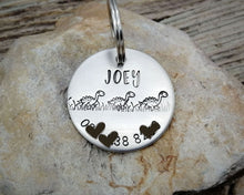 Load image into Gallery viewer, Dog Tag, hand stamped with phonenumber & cute dino