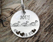 Load image into Gallery viewer, Dog Tag, hand stamped with phonenumber & cute dino