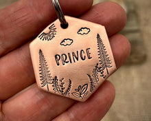 Load image into Gallery viewer, Hexagon dog tag, hand stamped with trees & leaf design