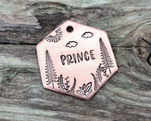 Load image into Gallery viewer, Hexagon dog tag, hand stamped with trees & leaf design