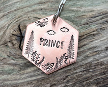 Load image into Gallery viewer, Hexagon dog tag, hand stamped with trees & leaf design