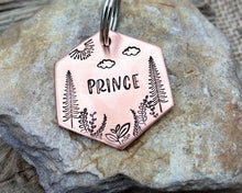 Load image into Gallery viewer, Hexagon dog tag, hand stamped with trees & leaf design
