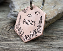 Load image into Gallery viewer, Hexagon dog tag, hand stamped with trees & leaf design
