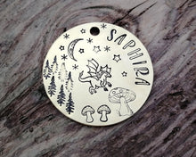Load image into Gallery viewer, Dog tag, hand stamped with dragon, moon & trees