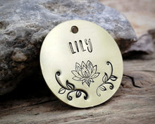 Load image into Gallery viewer, Dog tag, hand stamped with lotus flower