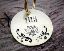 Load image into Gallery viewer, Dog tag, hand stamped with lotus flower