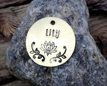 Load image into Gallery viewer, Dog tag, hand stamped with lotus flower