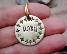 Load image into Gallery viewer, Small pet id tag, hand stamped with exotic border