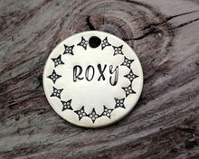 Load image into Gallery viewer, Small pet id tag, hand stamped with exotic border