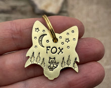 Load image into Gallery viewer, Fox head dog id tag, hand stamped with cute fox, trees & moon