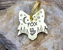 Load image into Gallery viewer, Fox head dog id tag, hand stamped with cute fox, trees & moon