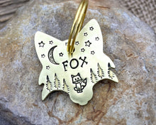 Load image into Gallery viewer, Fox head dog id tag, hand stamped with cute fox, trees & moon