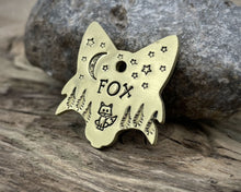 Load image into Gallery viewer, Fox head dog id tag, hand stamped with cute fox, trees & moon