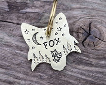 Load image into Gallery viewer, Fox head dog id tag, hand stamped with cute fox, trees & moon