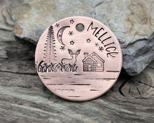 Load image into Gallery viewer, Dog id tag, landscape design with tree, deer & cabin