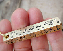 Load image into Gallery viewer, Bar tag, dog id tag, hand stamped with spaceship, moon & planets