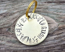 Load image into Gallery viewer, Large dog name tag, hand stamped with leaf design