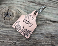 Load image into Gallery viewer, Cow ear tag dog tag, hand stamped pet id tag with flower design