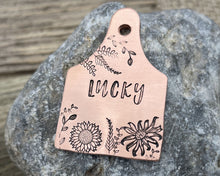 Load image into Gallery viewer, Cow ear tag dog tag, hand stamped pet id tag with flower design
