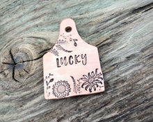 Load image into Gallery viewer, Cow ear tag dog tag, hand stamped pet id tag with flower design