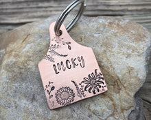 Load image into Gallery viewer, Cow ear tag dog tag, hand stamped pet id tag with flower design