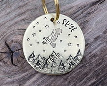 Load image into Gallery viewer, Large dog id, hand stamped with adventure design, mountains & eagle