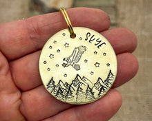 Load image into Gallery viewer, Large dog id, hand stamped with adventure design, mountains & eagle