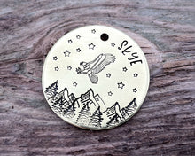 Load image into Gallery viewer, Large dog id, hand stamped with adventure design, mountains & eagle