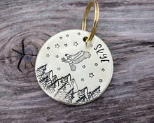Load image into Gallery viewer, Large dog id, hand stamped with adventure design, mountains & eagle