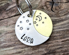 Load image into Gallery viewer, Dog id tag, crescent moon with stars, handstamped