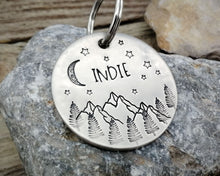 Load image into Gallery viewer, Large dog id tag, hand stamped with mountains, moon & trees
