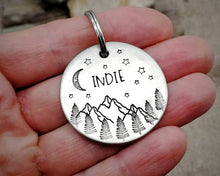 Load image into Gallery viewer, Large dog id tag, hand stamped with mountains, moon & trees