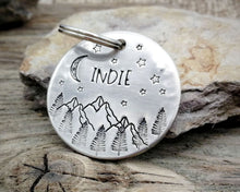 Load image into Gallery viewer, Large dog id tag, hand stamped with mountains, moon & trees