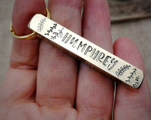 Load image into Gallery viewer, Bar tag, dog id tag, hand stamped with leaf design and 'chipped & loved'