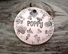 Load image into Gallery viewer, Dog tag, hand stamped with flowers, bees & birds