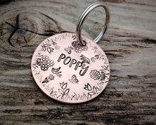 Load image into Gallery viewer, Dog tag, hand stamped with flowers, bees & birds
