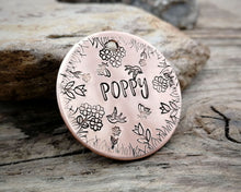 Load image into Gallery viewer, Dog tag, hand stamped with flowers, bees & birds