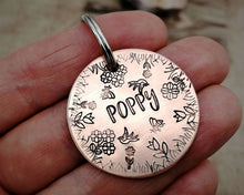Load image into Gallery viewer, Dog tag, hand stamped with flowers, bees & birds